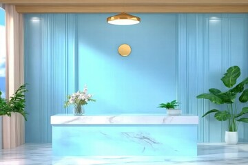 Aufkleber - A modern reception area with a blue wall, marble counter, plants, and decorative lighting.