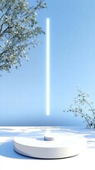 Poster - A serene scene featuring a vertical light beam above a circular platform in a snowy landscape.