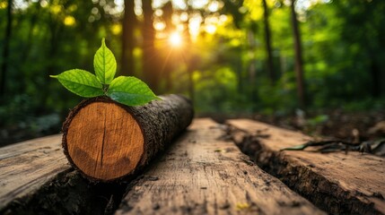 Wall Mural - Fresh Green Leaves Growing on Tree Log in Vibrant Forest at Sunrise with Warm Natural Light and Rich Colors