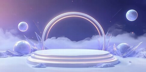Aufkleber - A futuristic stage design with glowing elements and crystal-like structures in a dreamy setting.