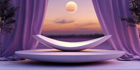 Aufkleber - A serene setting with a minimalist design, featuring a curved platform under a moonlit sky.