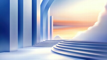 Aufkleber - Ethereal landscape with smooth steps and towering structures against a colorful sky.