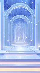 Aufkleber - A serene, illuminated corridor with arches and floating lights, creating a tranquil atmosphere.
