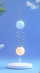 Aufkleber - A minimalist design featuring two spheres suspended on a spiral, with a floating bubble below.