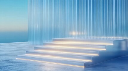 Aufkleber - A serene, modern staircase with soft lighting against a tranquil blue backdrop.
