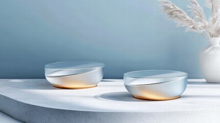 Aufkleber - Two elegant, illuminated containers on a smooth surface with a minimalist backdrop.
