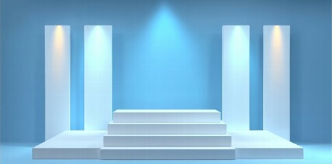 Aufkleber - A minimalist stage setup with a blue background and illuminated platforms.