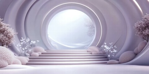 Aufkleber - A serene, modern interior space with circular design elements and soft lighting.