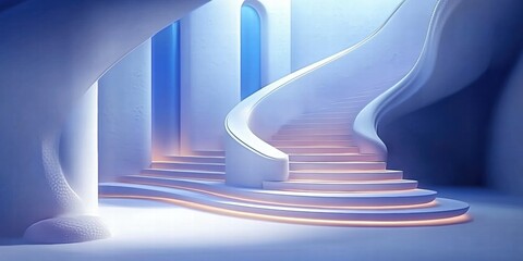 Aufkleber - A serene, modern interior featuring a flowing staircase with soft lighting.