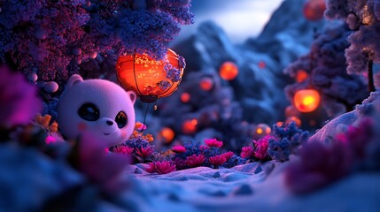 Sticker - Adorable Panda in a Magical Winter Wonderland with Glowing Lanterns