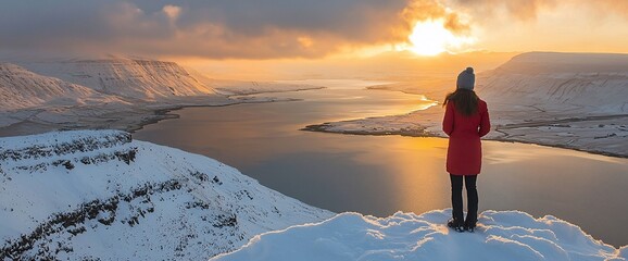 Poster - Woman in red coat enjoying sunset over snowy fjord.