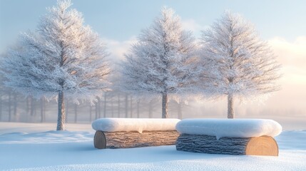 Poster - Two log benches covered in snow in a winter wonderland with frosted trees.