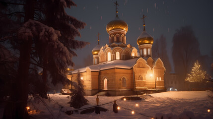 Snowy Church at Night: A picturesque Russian Orthodox Church glows with warmth amidst a snowy winter night, its golden domes casting a soft light against the falling snow.