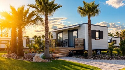 Modern luxury mobile home with wooden deck surrounded by palm trees in tropical resort setting during golden sunset hour, perfect vacation rental getaway destination