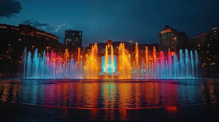 Sticker - Vibrant city fountain at night.