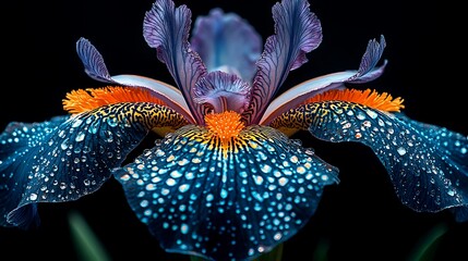 Sticker - Close-up of a vibrant blue and orange iris flower with water droplets on its petals against a black background.