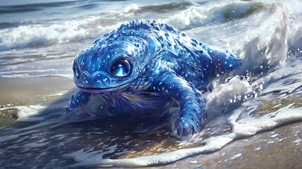 blue fantasy creature on beach. tidepool. illustration