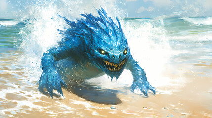 blue fantasy creature on beach. tidepool. illustration