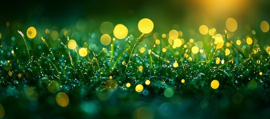 Wall Mural - Dewy grass illuminated by soft yellow bokeh lights at night.