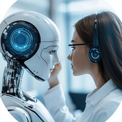 Poster - Human-robot interaction in technology lab digital portrait futuristic environment professional viewpoint ai collaboration