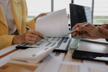 two busy professional executive team business people working together on business finances analysis at office meeting, professional manager consulting corporate client