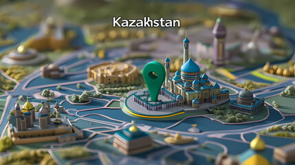 Kazakhstan Landmark: A vibrant 3D map showcasing the stunning architecture of Kazakhstan, with a green pin strategically placed on a magnificent mosque, inviting exploration and discovery. 