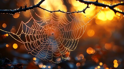 Canvas Print - Dew-covered spiderweb glistening in golden autumn sunlight, hanging from a branch.