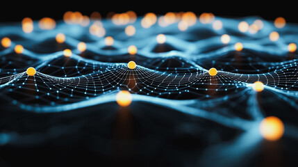 Poster - Glowing Network Nodes: Abstract digital landscape of interconnected nodes, glowing with warm light against a dark background, evoking themes of connectivity, technology, and innovation. 