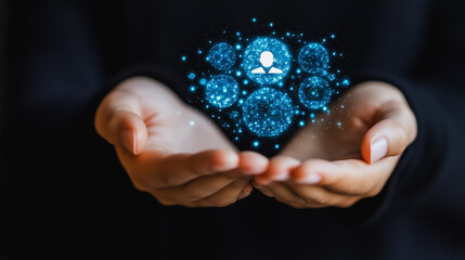 Poster - protecting your digital assets: hands gently cradling a glowing network of digital profiles, symboli