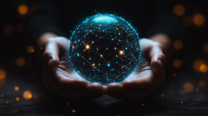 Poster - Envisioning the Future: A pair of hands gently cradles a luminous, interconnected sphere, symbolizing innovation, technology, and the boundless potential of the digital age.