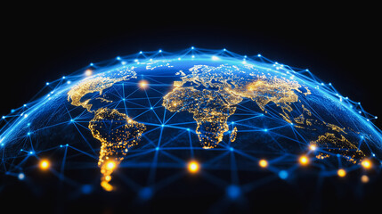 Poster - Global Network: A captivating image of a glowing Earth surrounded by intricate network lines, symbolizing global connectivity, interconnectedness, and the power of communication.  