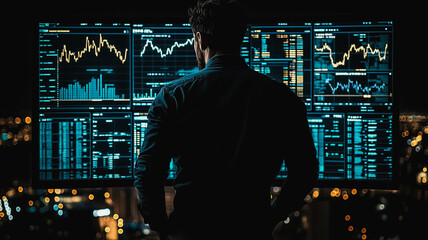 Poster - Night Trader:  A lone figure stands before a wall of glowing screens displaying dynamic stock market data, a captivating image symbolizing the intensity and focus of high-stakes trading. 