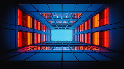 Poster - Abstract Cityscape:  Looking up at a modern building's glass facade, vibrant orange and blue lights illuminate the windows, creating a striking geometric pattern against a clear sky.