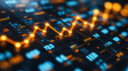 Poster - upward trend: a close-up shot of a glowing orange line graph climbing on a digital screen, symbolizi