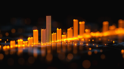 Poster - Glowing Data Visualization: Abstract 3D rendering of a dynamic bar chart, showcasing vibrant orange and yellow hues against a dark background, symbolizing growth, progress.
