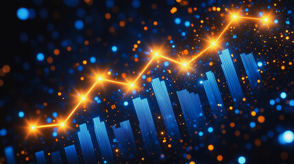 Poster - Financial Growth and Upward Trend:  A dynamic graph showcases exponential financial growth, illuminated by glowing points of light against a dark, abstract background.  The visual represents progress.