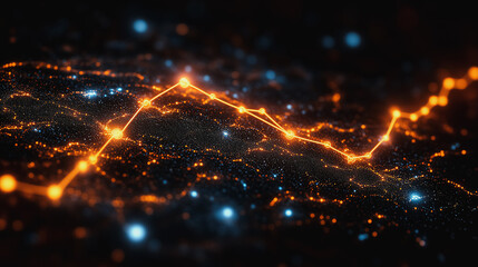 Poster - Glowing Path to Success: Abstract digital art depicting a luminous orange line charting a course through a dark, glittering landscape.  Symbolizing progress, innovation.