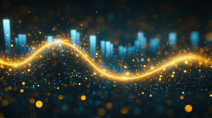 Poster - Golden Data Stream: Abstract visualization of financial growth, depicted as a glowing golden wave flowing through a field of sparkling data points and rising blue bars.