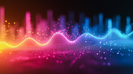Poster - Vibrant Data Stream: Abstract digital wave, glowing with vibrant colors, representing data flow, technology, and innovation.  