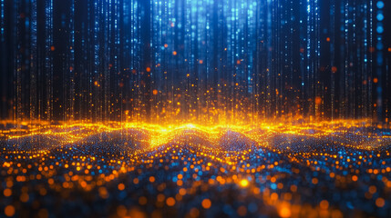 Poster - Digital Rain: A captivating abstract backdrop of glowing particles cascading like digital rain, creating a mesmerizing spectacle of light and movement. This image is perfect for technology.