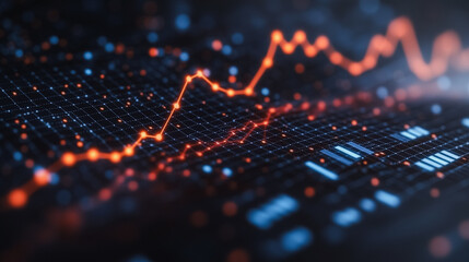 Poster - Upward Trend: A dynamic abstract illustration, showcasing a glowing red line charting a positive trajectory on a dark, futuristic digital grid, symbolizing growth, success, and progress. 