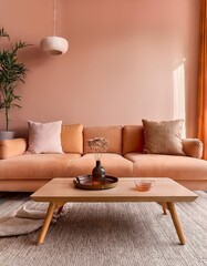 Wall Mural - Interior of a living room with orange sofa and wooden coffee table