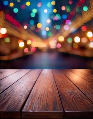 Wall Mural - Empty wooden table and abstract bokeh lights background. For product display