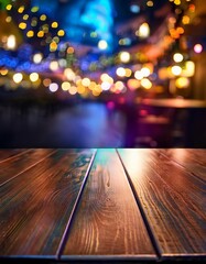 Wall Mural - Empty wooden table and abstract bokeh lights background. For product display