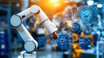 Poster - Industrial robot arm automates manufacturing processes in a high-tech factory setting focus on innovation and efficiency