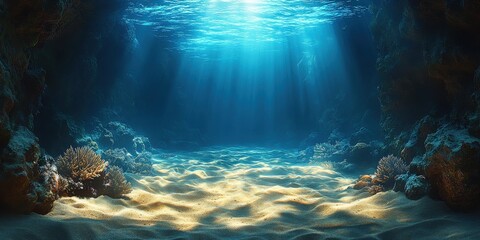 a blue ocean with a bright sun shining on the water
