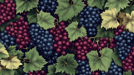Fototapete - 39.Diverse set of grape bunches in vibrant red, green, and blue tones, arranged with leaves and vines; each bunch is illustrated in a hand-drawn flat style, with carefully crafted details to
