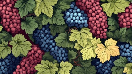 Fototapete - 39.Diverse set of grape bunches in vibrant red, green, and blue tones, arranged with leaves and vines; each bunch is illustrated in a hand-drawn flat style, with carefully crafted details to