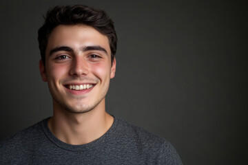 Wall Mural - Smiling man with short dark hair, wearing gray t shirt, against dark background. His cheerful expression conveys warmth and friendliness, making image inviting