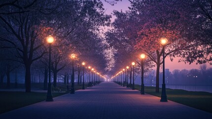 Canvas Print - A tranquil evening park scene, with glowing LED streetlights lining a pathway and soft purple hues in the sky